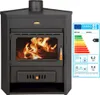 A black wood-burning stove with an energy efficiency label on the right. Produktbild-Vorschau