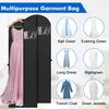 Collage showing different types of garments that can be stored in the garment bags, alongside images of the garment bags themselves. Produktbild-Vorschau