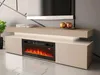 A modern TV stand with a built-in electric fireplace and LED flame effect, placed in a living room setting. Náhľad obrázku produktu