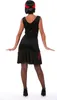 A woman is shown from the back wearing a black flapper-style dress with red fringe details and a red headband. Produktbild-Vorschau