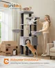 A woman is interacting with a multi-level cat tree in a living room setting, with several cats present on and around the structure. Produktbild-Vorschau