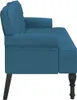 Side view of a blue upholstered bench with tufted backrest and armrests, resting on dark legs. Anteprima dell’immagine prodotto