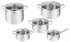 A set of five stainless steel pots and pans with glass lids, arranged on a white background. Náhled obrázku produktu