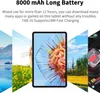 A tablet is shown in the center, surrounded by various scenic images and a close-up of a technological component. Text describes the tablet's battery life and charging capabilities. Produktbild-Vorschau