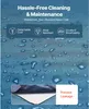 Close-up of a blue surface with water droplets, featuring marketing text and icons highlighting product features. Produktbild-Vorschau