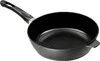 A black frying pan with a speckled interior and a black handle is shown against a white background. Produktbild-Vorschau