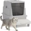 A grey litter box with a transparent door and a white step is shown next to a grey and white striped cat. Náhľad obrázku produktu
