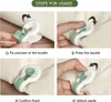 A collage of four images demonstrating how to use bed sheet clips. Produktbild-Vorschau