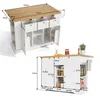 Two views of a white kitchen island with a wooden countertop, showing dimensions and storage. Produktbild-Vorschau