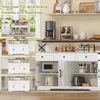 A collage of images showcasing a white and brown sideboard in different room settings, with a close-up view of its interior. Produktbild-Vorschau