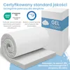 A rolled-up mattress topper and its packaging are displayed, along with certification logos and descriptive text. Produktbild-Vorschau
