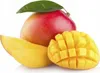 A whole mango with a leaf, a slice of mango, and a diced mango half. Podgląd zdjęcia produktu