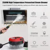 A steam cleaner is shown cleaning a kitchen hood, with various features of the product highlighted with icons and text. Produktbild-Vorschau