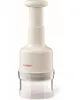 A white plastic food chopper with a clear collection bowl. Produktbild-Vorschau