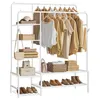 A white metal garment rack with clothes and accessories displayed on it. Produktbild-Vorschau