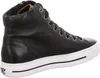 A black high-top sneaker with a white sole, shown from the side. Voir les images du produit