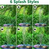 A collage showing a solar-powered fountain in a garden setting, demonstrating six different spray patterns. Produktbild-Vorschau