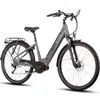 A studio shot of a gray electric bicycle against a white background.