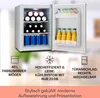 A mini-refrigerator with its door open, showing bottles and cans inside, along with feature callouts below. Produktbild-Vorschau