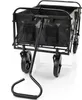 A black foldable wagon is shown from a low angle, with its handle extended. Produktbild-Vorschau
