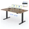 An adjustable standing desk with a wooden top and black legs, shown with two monitors, a laptop, and a keyboard. Anteprima dell’immagine prodotto