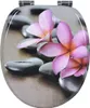 A toilet seat with a printed image of pink flowers and gray stones. Produktbild-Vorschau