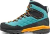 Trekking Schuhe für Damen; Modell "Mescalito TRK GTX Wmn" von Scarpa in Blau und Schwarz mit orangefarbenen Schnürsenkeln. Produktbild-Vorschau
