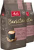 Two bags of Melitta Barista Crema Forte coffee beans are shown, with a cup of coffee in the foreground. Produktbild-Vorschau