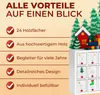 A close-up of a wooden advent calendar with a festive landscape decoration on top, featuring a house and a train. Text lists the product's advantages. Produktbild-Vorschau