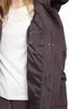 Close-up view of the inside of a brown puffer coat worn by a person, showing the lining and a white t-shirt underneath. Produktbild-Vorschau