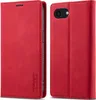 A red leather phone case is shown from two angles, one closed and one open, revealing the phone inside. Produktbild-Vorschau