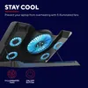 A laptop cooling pad with illuminated fans is shown from a side angle against a dark blue background. Produktbild-Vorschau