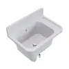 A white sink with a drain and a ribbed surface on the right side, mounted on a white wall. Produktbild-Vorschau