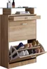 A wooden shoe cabinet with two flip-down doors and a drawer, displaying various shoes inside. Produktbild-Vorschau