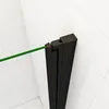 A close-up view of a black shower door hinge and a green glass panel, set against a white tiled wall. Produktbild-Vorschau
