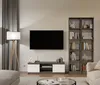 A modern living room with a TV stand, bookshelf, and sofa. Náhled obrázku produktu