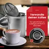 A coffee maker and a cup of latte are displayed on a wooden surface, with promotional text overlayed. Produktbild-Vorschau