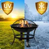 A fire pit is shown in a split image, with one side depicting a sunny summer scene and the other a snowy winter scene. Shields indicating UV and cold protection are overlaid on the image. Anteprima dell’immagine prodotto