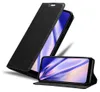 A black flip phone case is shown with a smartphone inside, displaying a colorful wallpaper. The case is open, with the front cover folded back. Produktbild-Vorschau