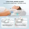 A person lying on their side using a pillow, with diagrams illustrating the pillow's benefits. Produktbild-Vorschau