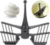 A collage showing a whisk attachment for a kitchen robot, a bowl of whipped cream, and a close-up of the whisk in action. Produktbild-Vorschau