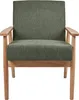 A front view of a green upholstered armchair with light brown wooden legs and armrests. Náhled obrázku produktu