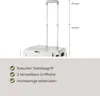 A product image showing a foldable shopping cart with its telescopic handle extended, accompanied by feature descriptions and dimensions. Produktbild-Vorschau