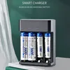 A smart charger for AA/AAA Ni-MH rechargeable batteries is shown with four batteries inserted. Podgląd zdjęcia produktu