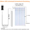 A diagram illustrating the dimensions and components of a meteor LED string light. Náhled obrázku produktu
