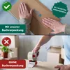 The image is a split collage showing two scenarios of packaging books. The top half shows a person sealing a book package with a checkmark and text indicating "With our book packaging" and "Ready for shipping in 3 steps". The bottom half shows a person tap Produktbild-Vorschau
