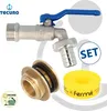 A set of plumbing fittings for water tanks or rain barrels, including a ball valve, a tank connector, and sealing tape. Produktbild-Vorschau