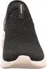 A close-up front view of a black Skechers slip-on sneaker with pink glitter accents and a beige sole. Náhľad obrázku produktu