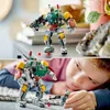 A collage showing a LEGO Boba Fett mech in two different settings: one on a table and another being played with by a child. Produktbild-Vorschau