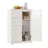 A white cabinet with four drawers on the left and an open door on the right, revealing shelves with cookware and bottles. Náhled obrázku produktu